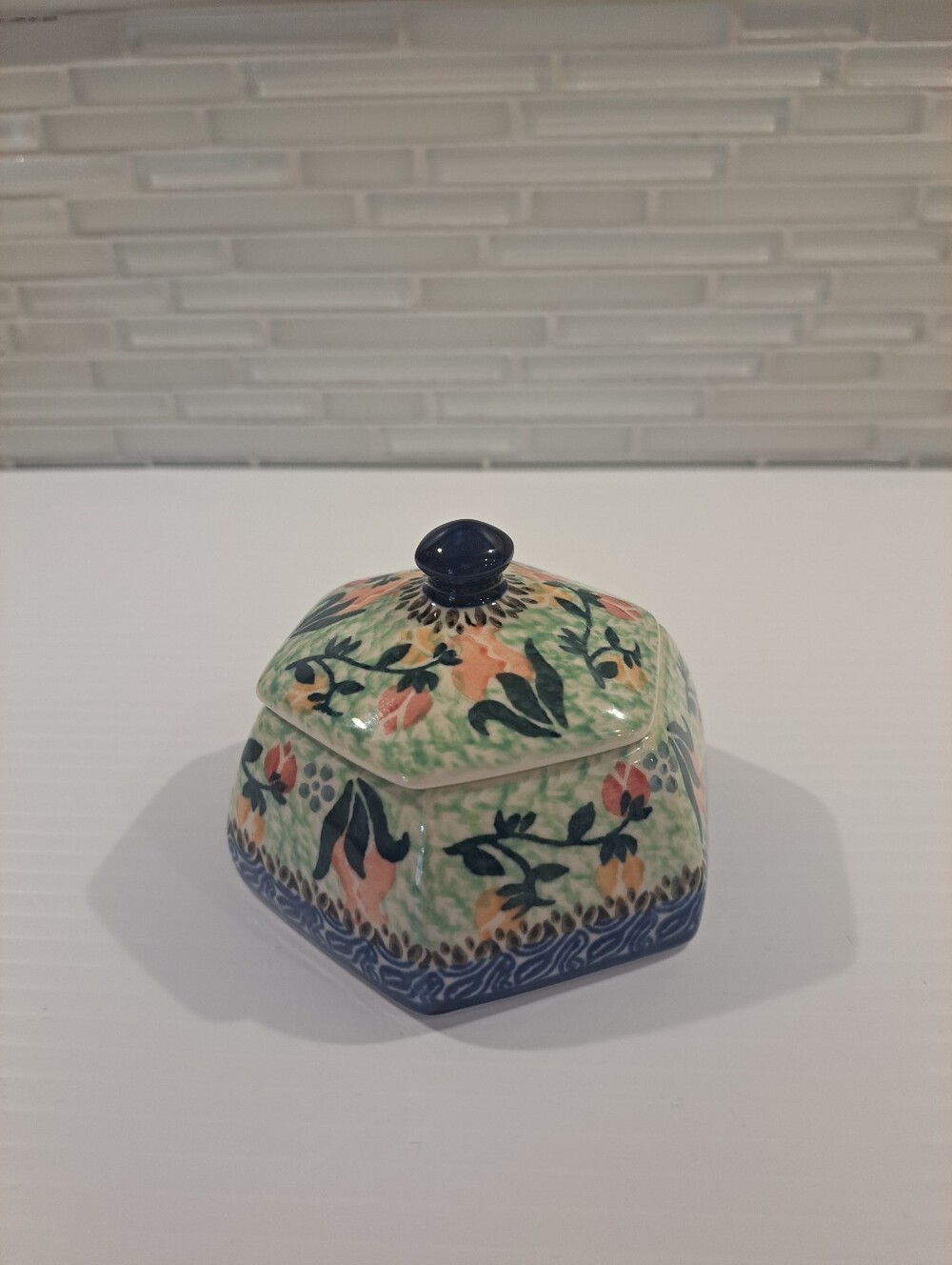 Polish Pottery UNICAT Small Octagon Trinket Box-Hand Painted-Marked